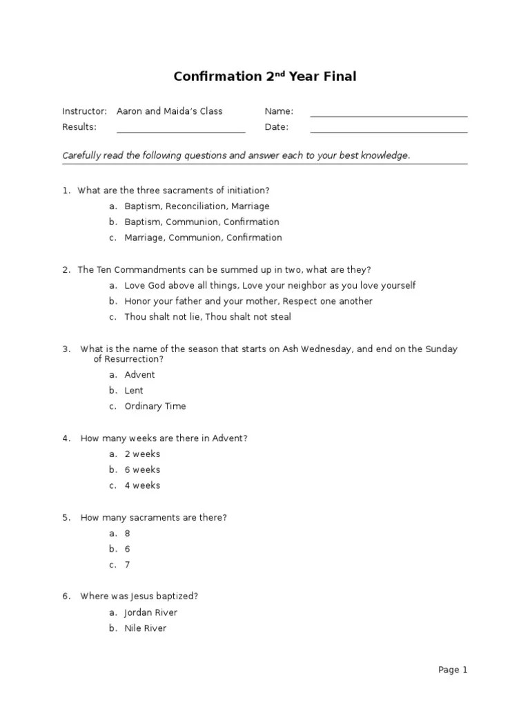Confirmation Final Exam John The Baptist Confirmation
