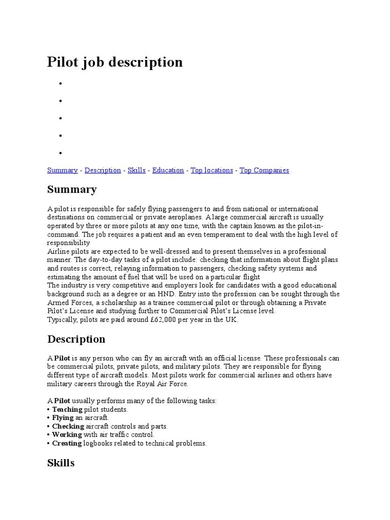 Pilot Job Description Pilot (Aeronautics) Air Traffic Control
