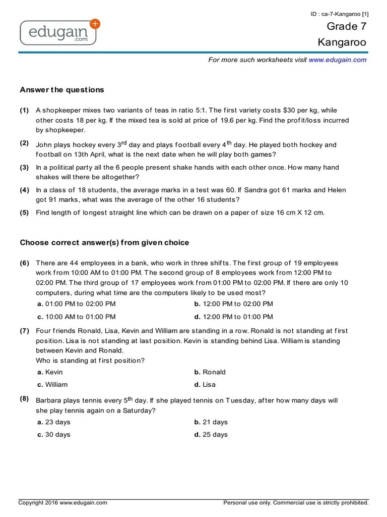 Grade 7 Canadian Math Kangaroo Contest Sample Paper Mathematical