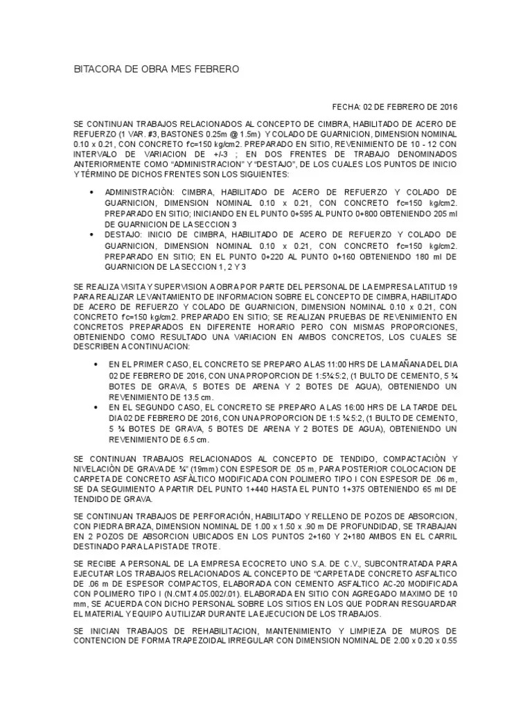 Bitacora de Obra Mes Febrero