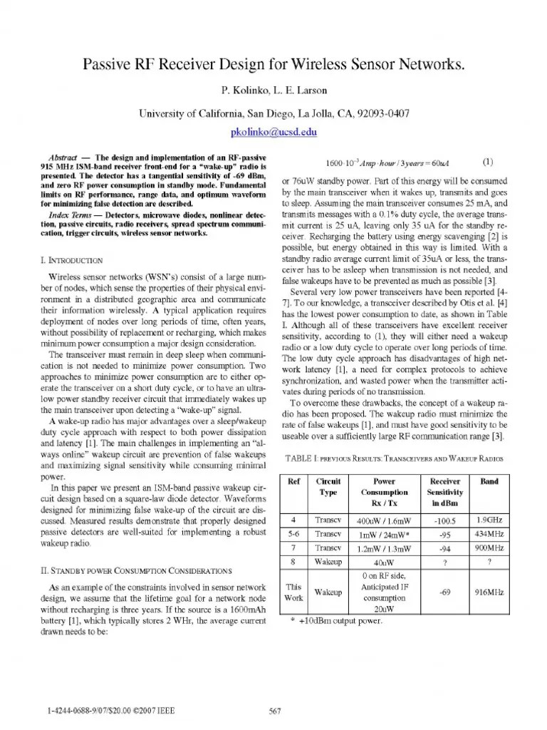 Passive RF Receiver Design For Wireless Sensor Networks PDF
