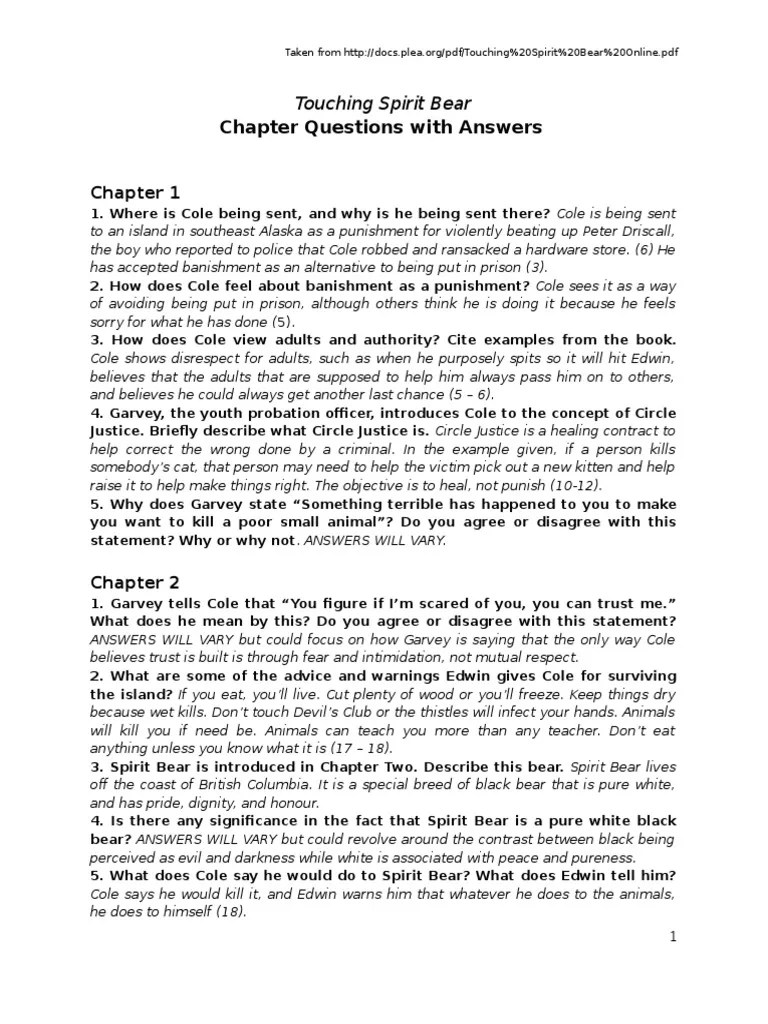 Touching Spirit Bear Chapter Questions With Answers Anger