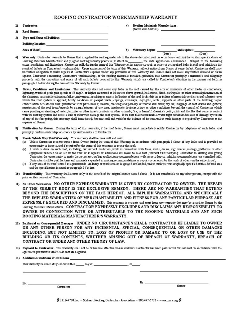 B2007B Roofing Contractor Workmanship Warranty Implied Warranty Roof