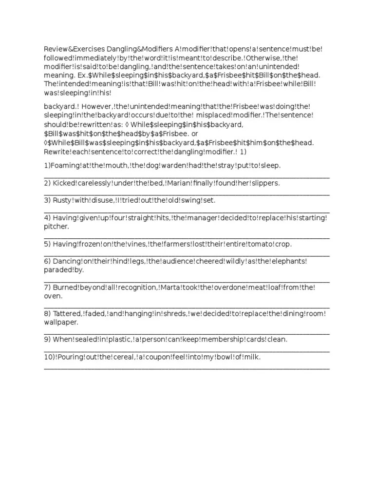 Dangling Modifier Worksheet PDF