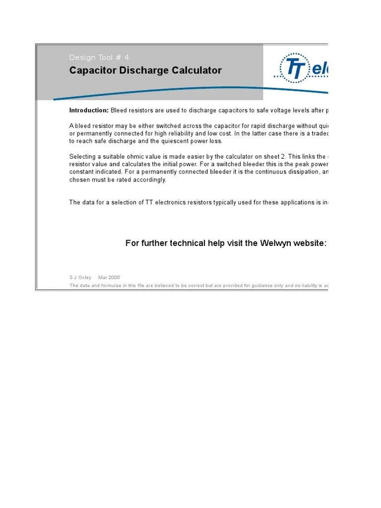 TT Electronics Capacitor Discharge Calculator PDF Resistor Capacitor