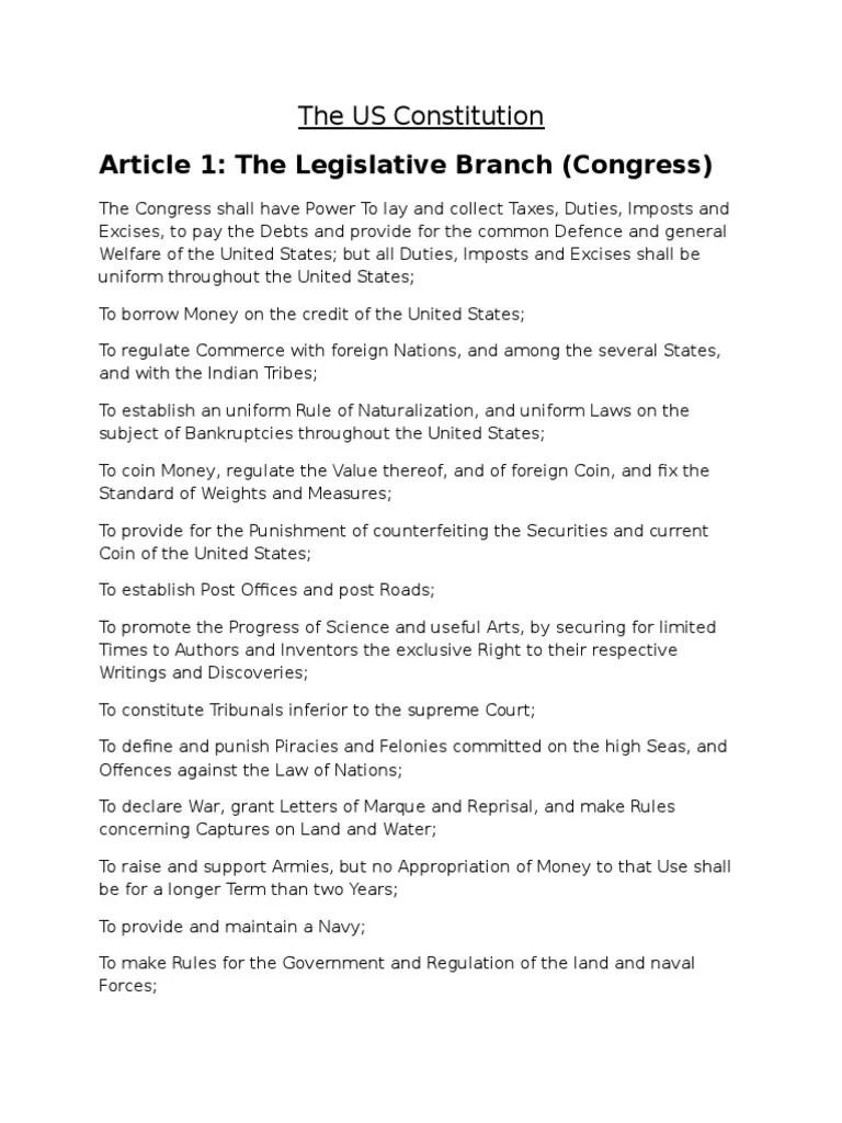 Excerpts From The US Constitution United States Congress United