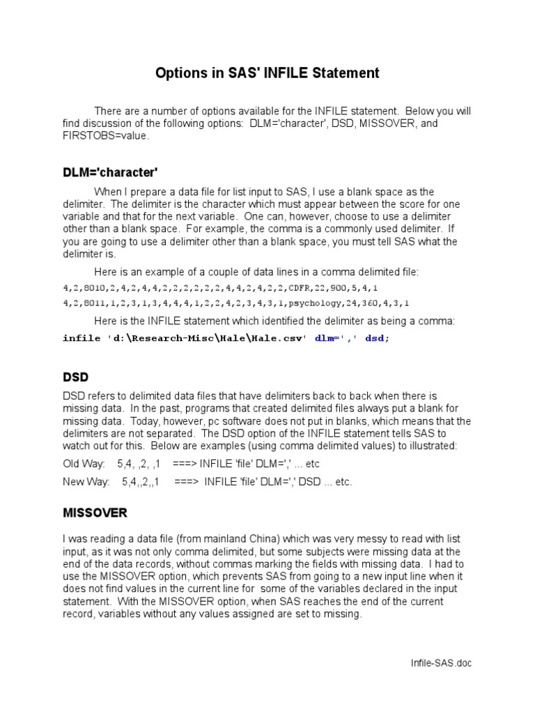 Infile Sas Comma Separated Values Computer Data