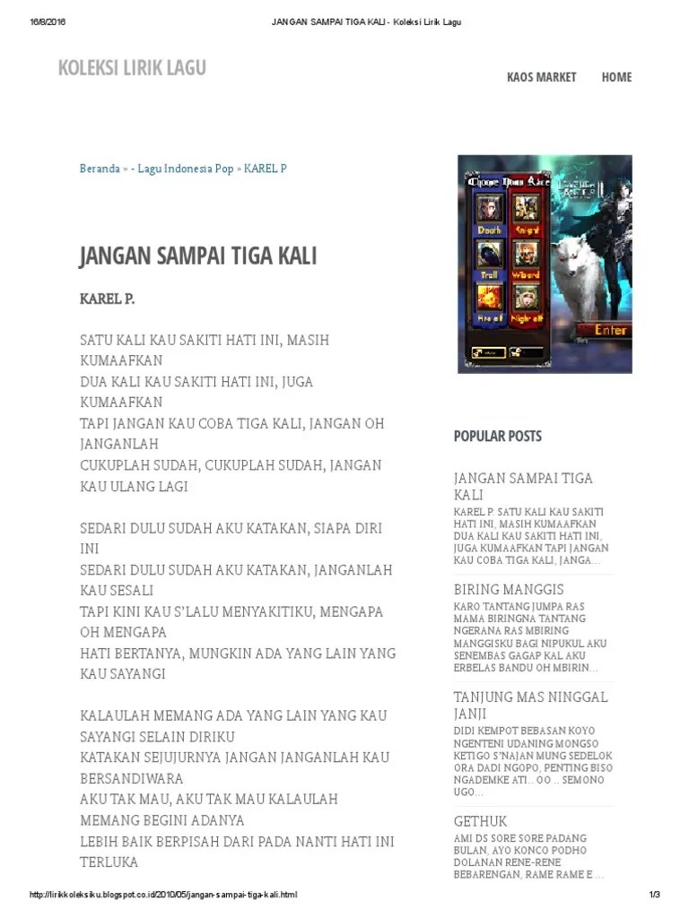 Jangan Sampai Tiga Kali - Koleksi Lirik Lagu | PDF