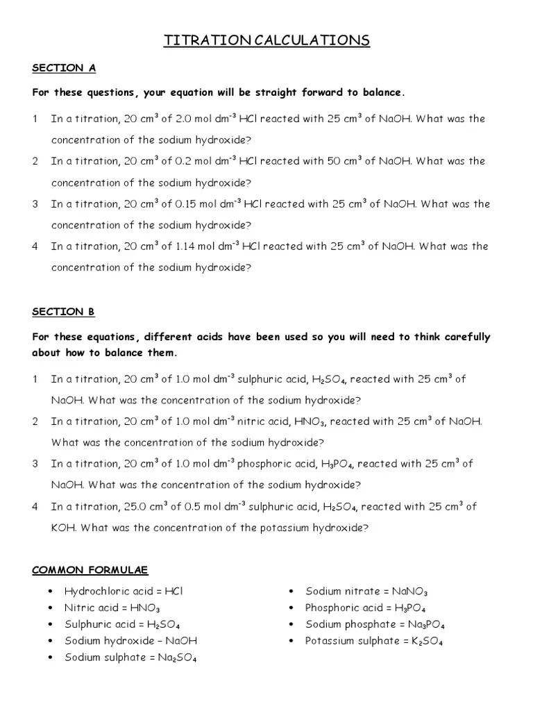 Titration Calculations Section A For these questions, your equation