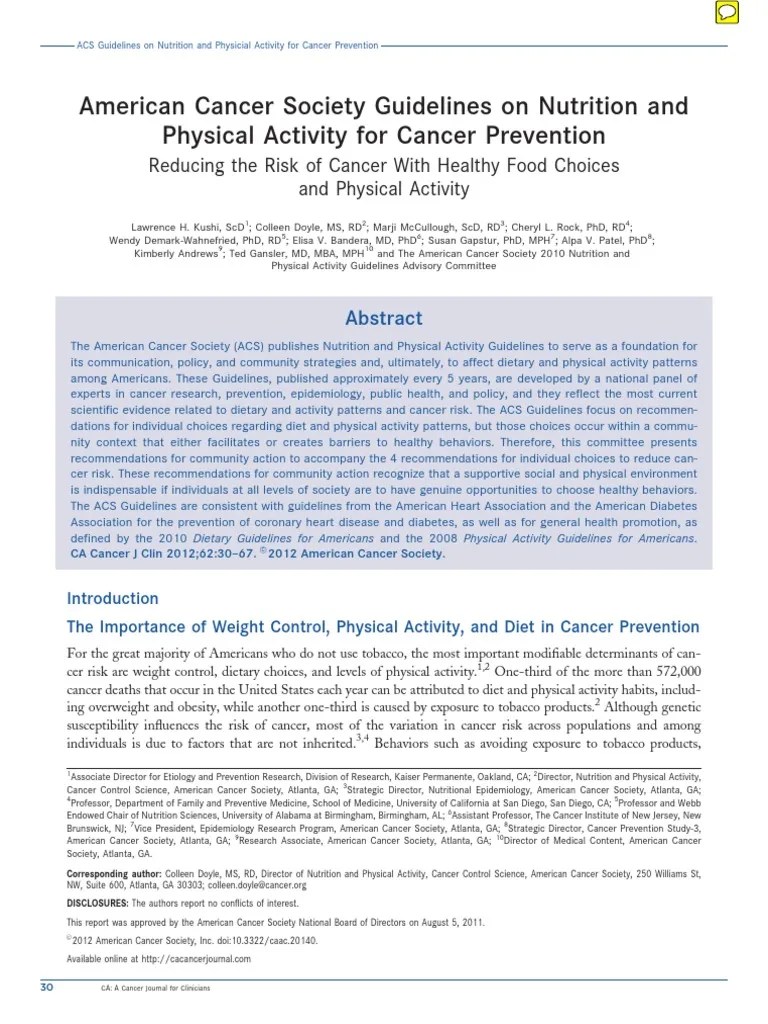 2012 ACS American Cancer Society Guidelines on Nutrition and Physical