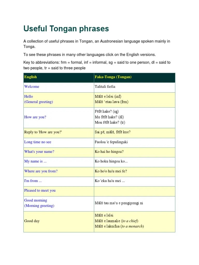Useful Tongan Phrases Tonga Polynesia