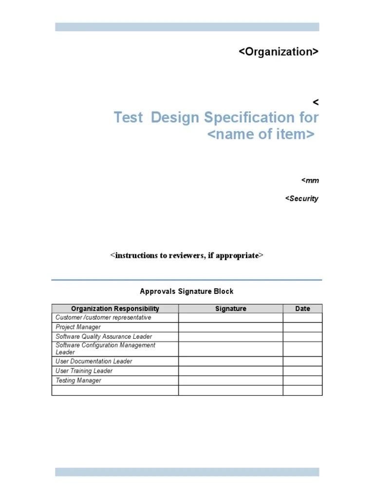 Test Design Specification Template PDF Specification (Technical Standard) Identifier