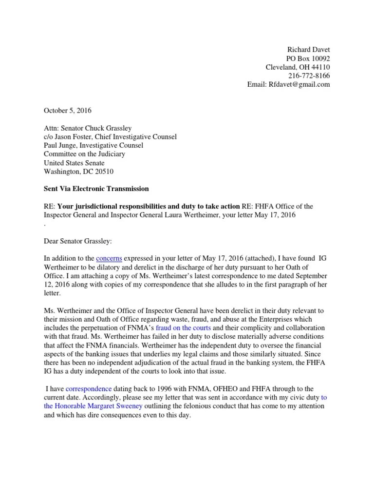 Letter to Senators of the Senate Judiciary Committee 10/05/2016