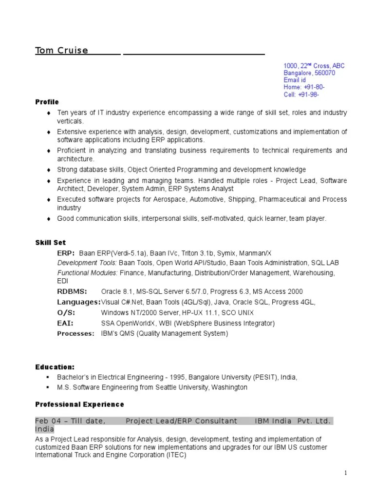 H1B Resume Template | Enterprise Resource Planning | Application
