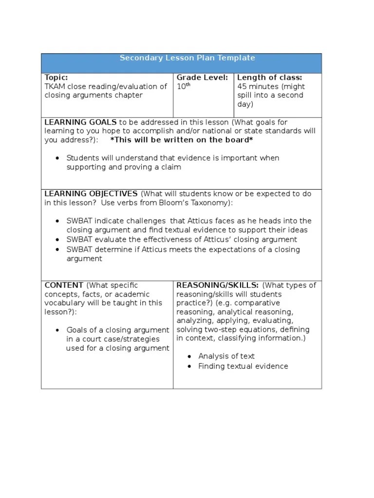 TKAM Closing Argument Lesson Plan Lesson Plan Reason
