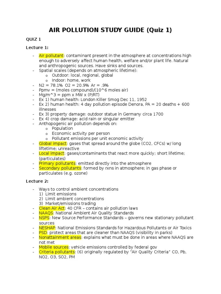 Air Pollution Study Guide Quiz 13 Aerosol Atmosphere Of Earth