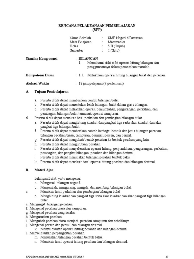 RPP Matematika Kelas VII 1