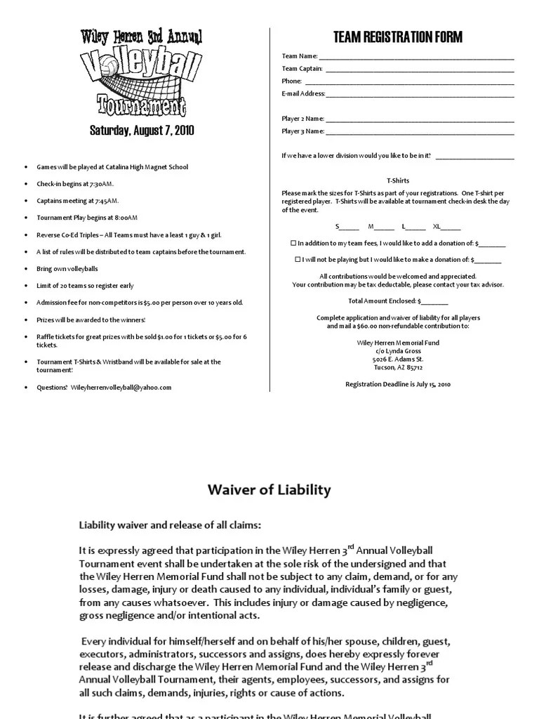 Volleyball Reg Form & Waiver Private Law Justice Free 30day