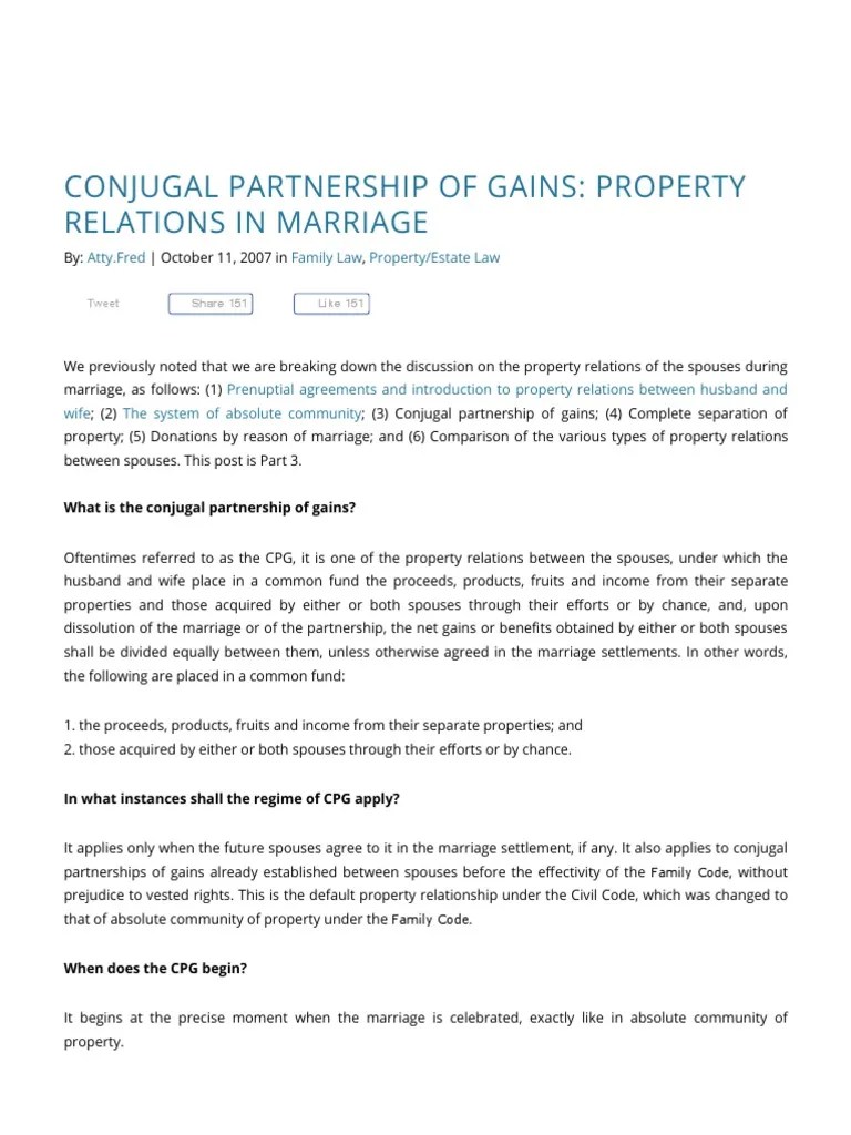 Conjugal Partnership of Gains Community Property Marriage