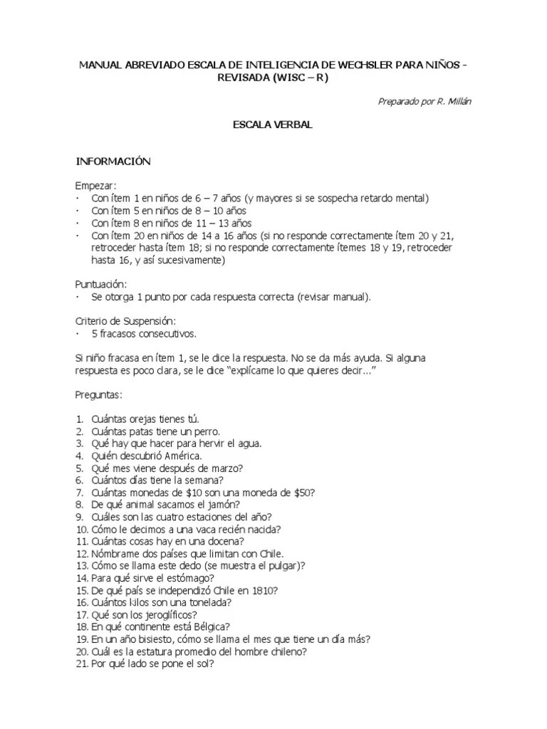 WISC R, Manual Abreviado Lápiz