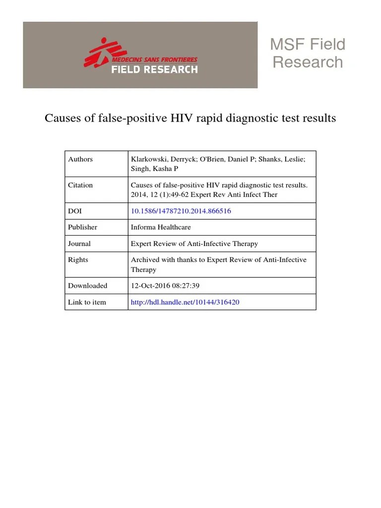 Klarkowski 2014Causes of False Positive HIV Rapid Diagnostic Test