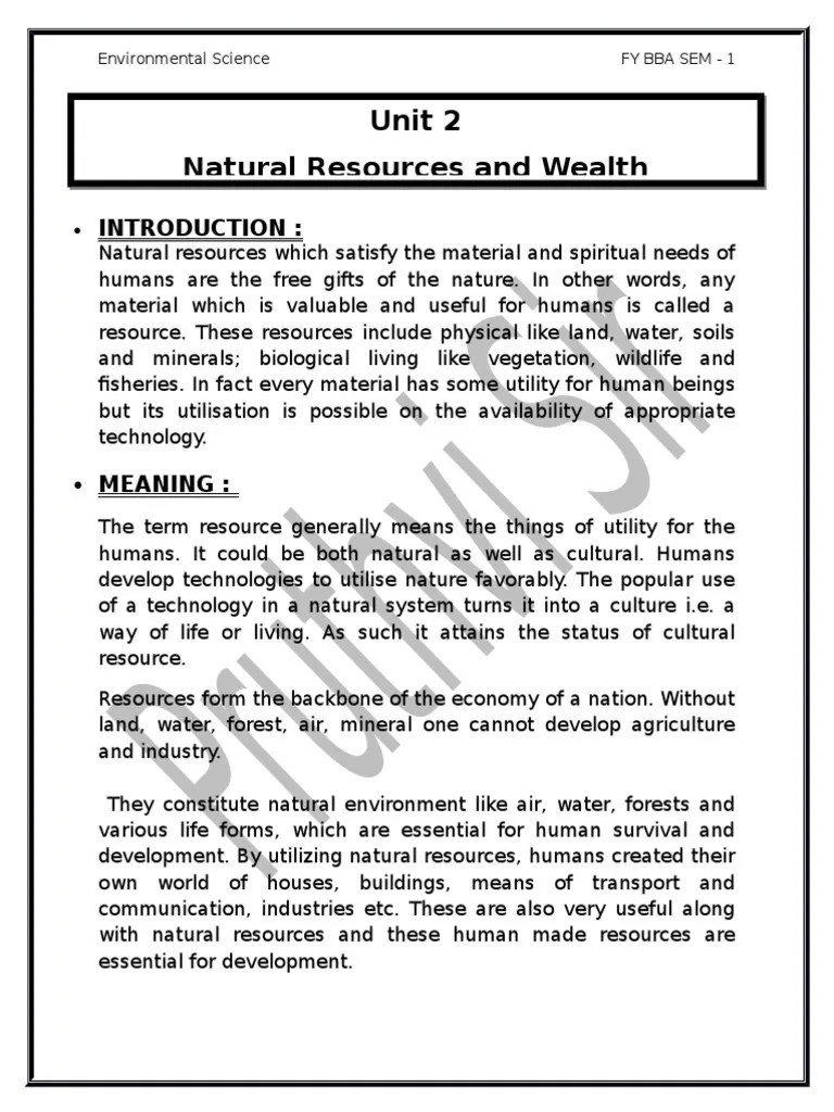 Unit 2 Natural Resources and Wealth Environmental Science Fy Bba Sem