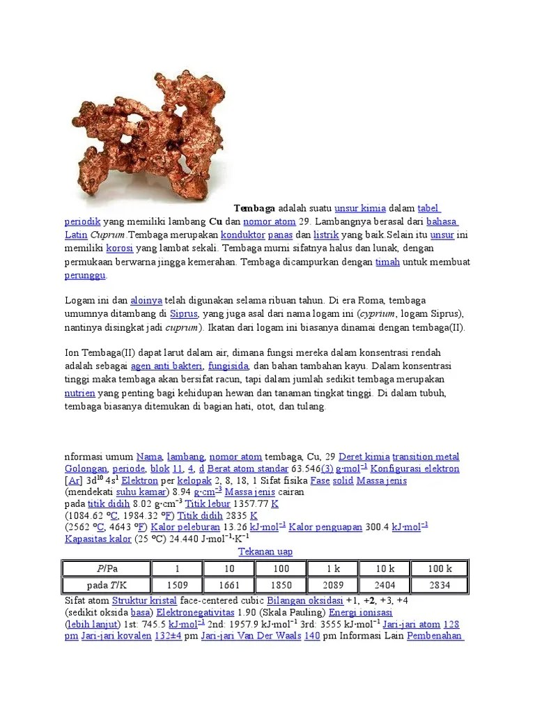 Tembaga Adalah Suatu Unsur Kimia Dalam Tabel Periodik Yang Memiliki Lambang  Cu Dan Nomor Atom 29 | PDF
