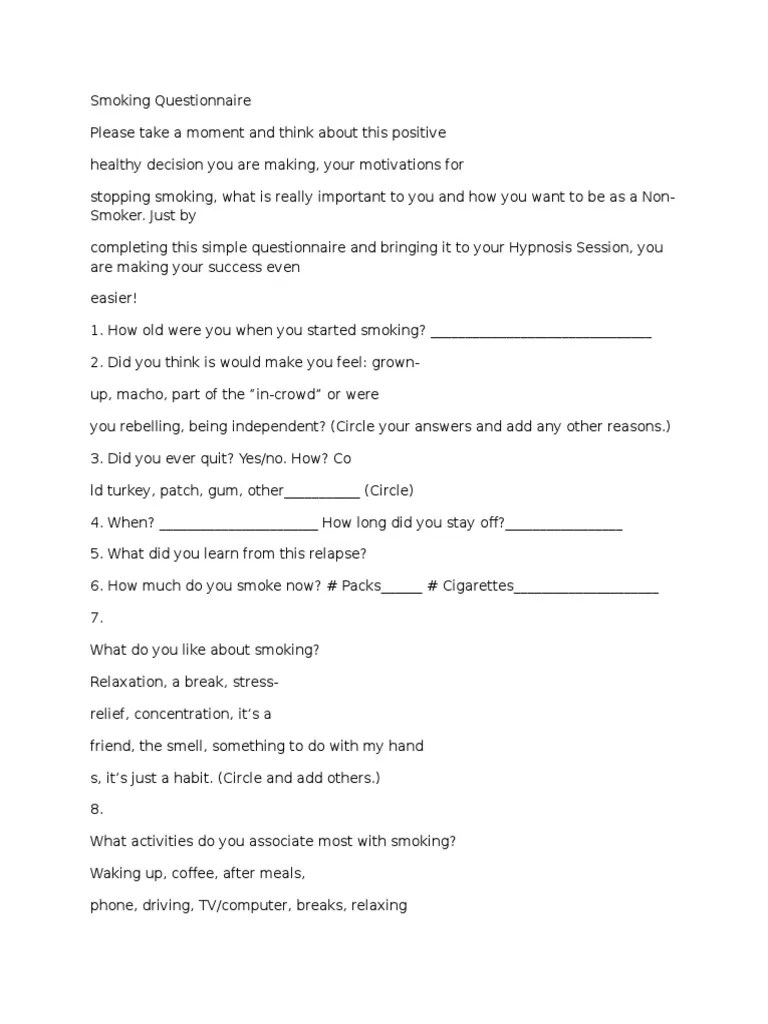 Smoking Questionnaire Tobacco Smoking Smoking Free 30day Trial