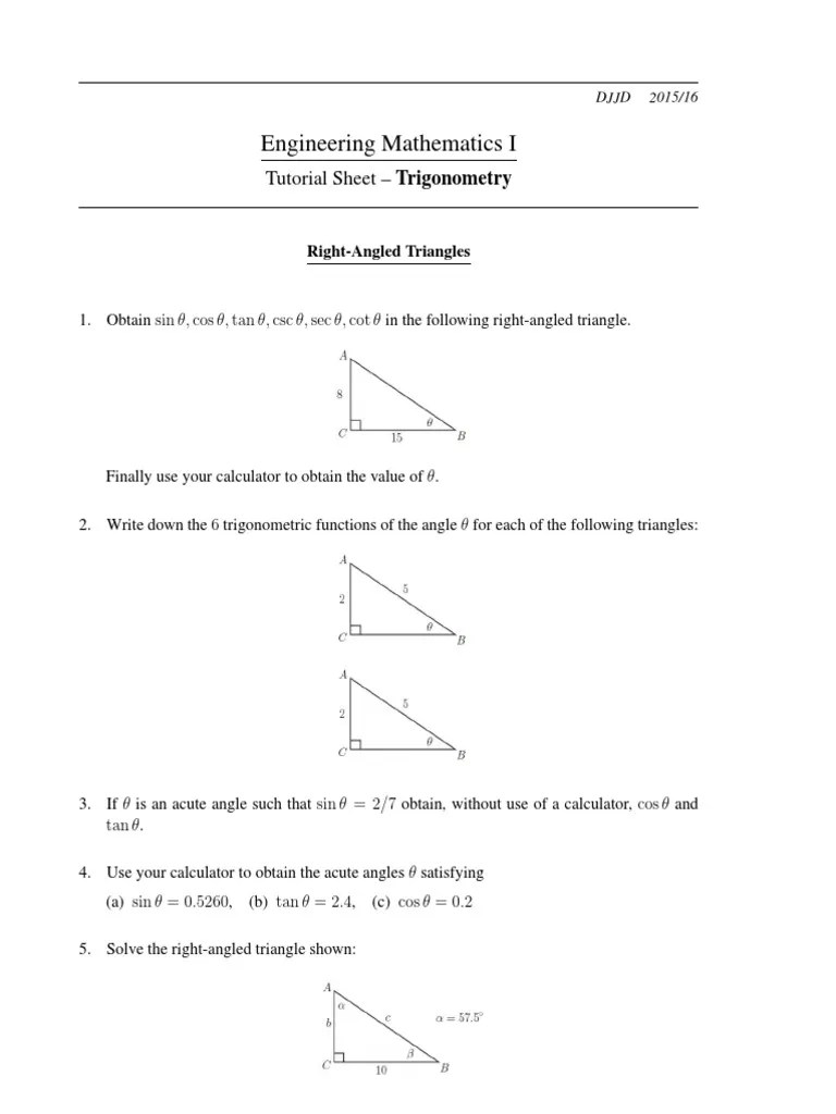Trigonometry Tutorial Sheet Trigonometric Functions Sine