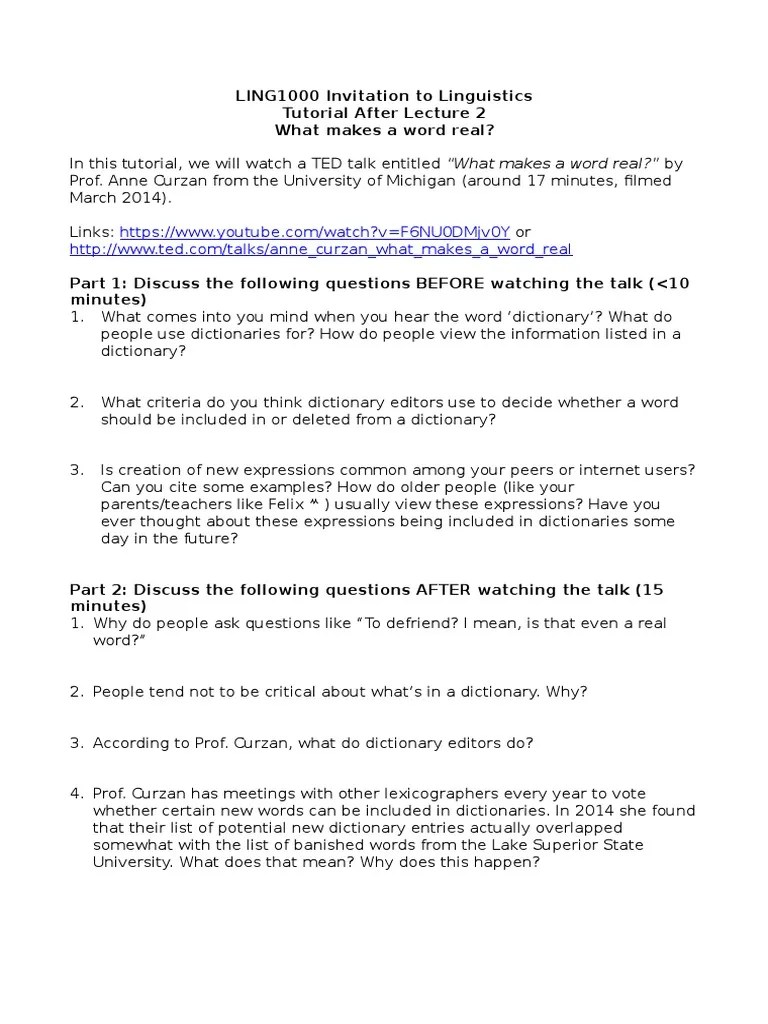 Tutorial After Lecture 3 What Makes A Word Real Student PDF