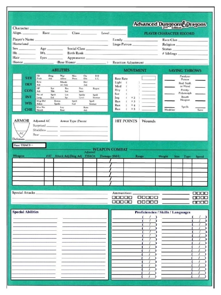 Blank 2nd Ed D&D Character Sheet