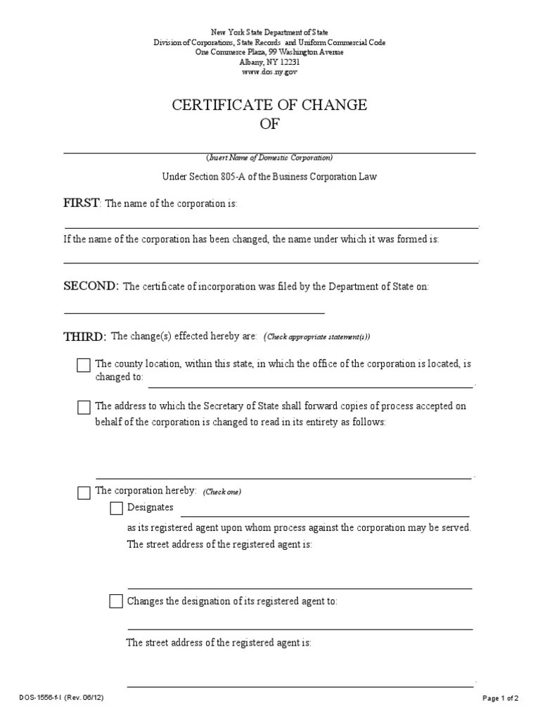 New York State Change of Registered Agent Form