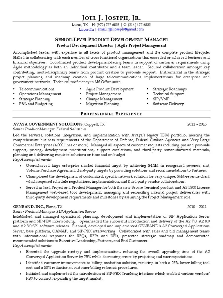 Senior Product Development Manager in Lucas TX Resume Joel