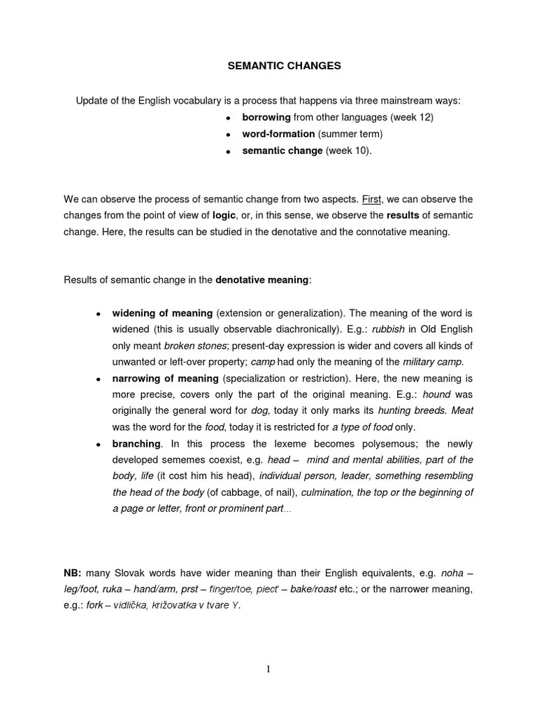 Week 10 Semantic Changes Semantics Word
