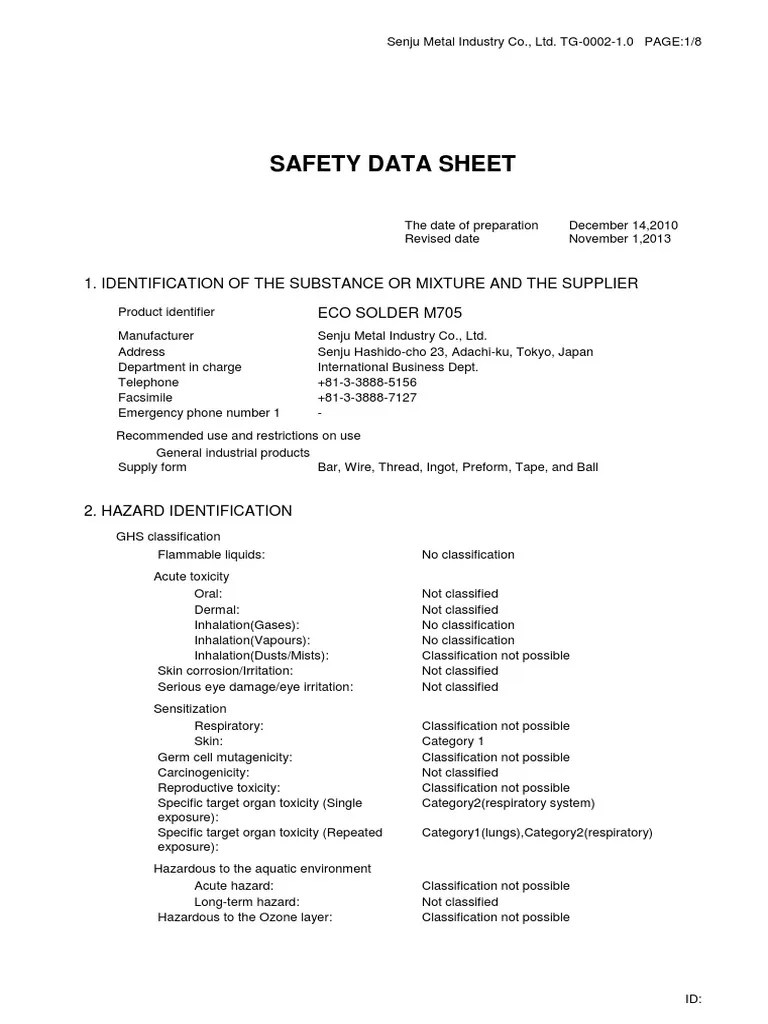 Msds_eco Solder m705 Toxicity Safety