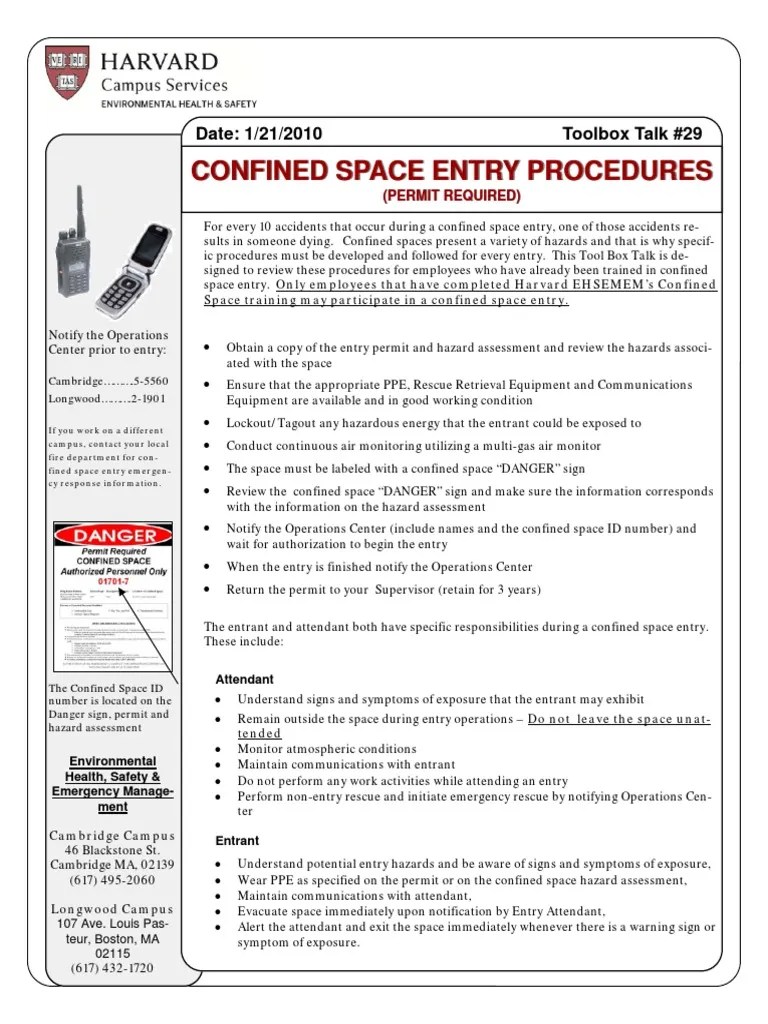 Toolbox Talks Confined Space Entry Proceedures English 0 PDF Safety
