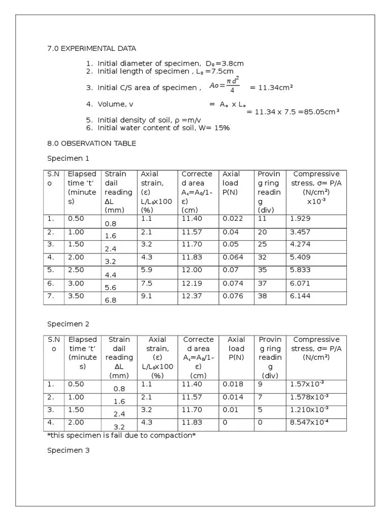 Unconfined Compression Test Calculation and Result PDF Continuum