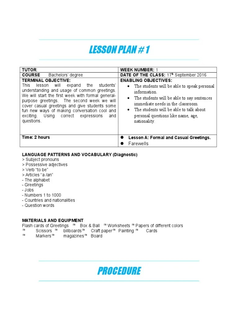 Lesson Plan greetings Lesson Plan English Language