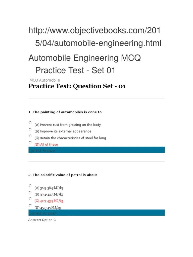 Automobile Engineering MCQ Practice Test PDF Internal Combustion