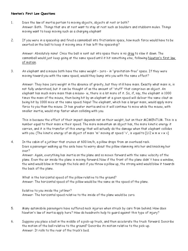 newtons first law theoretical questions answer key Inertia Mass