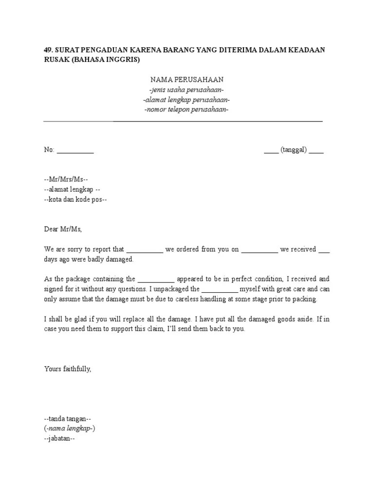 Surat Pengaduan Karena Barang Yang Diterima Dalam Keadaan Rusak (Bahasa Inggris) | Pdf