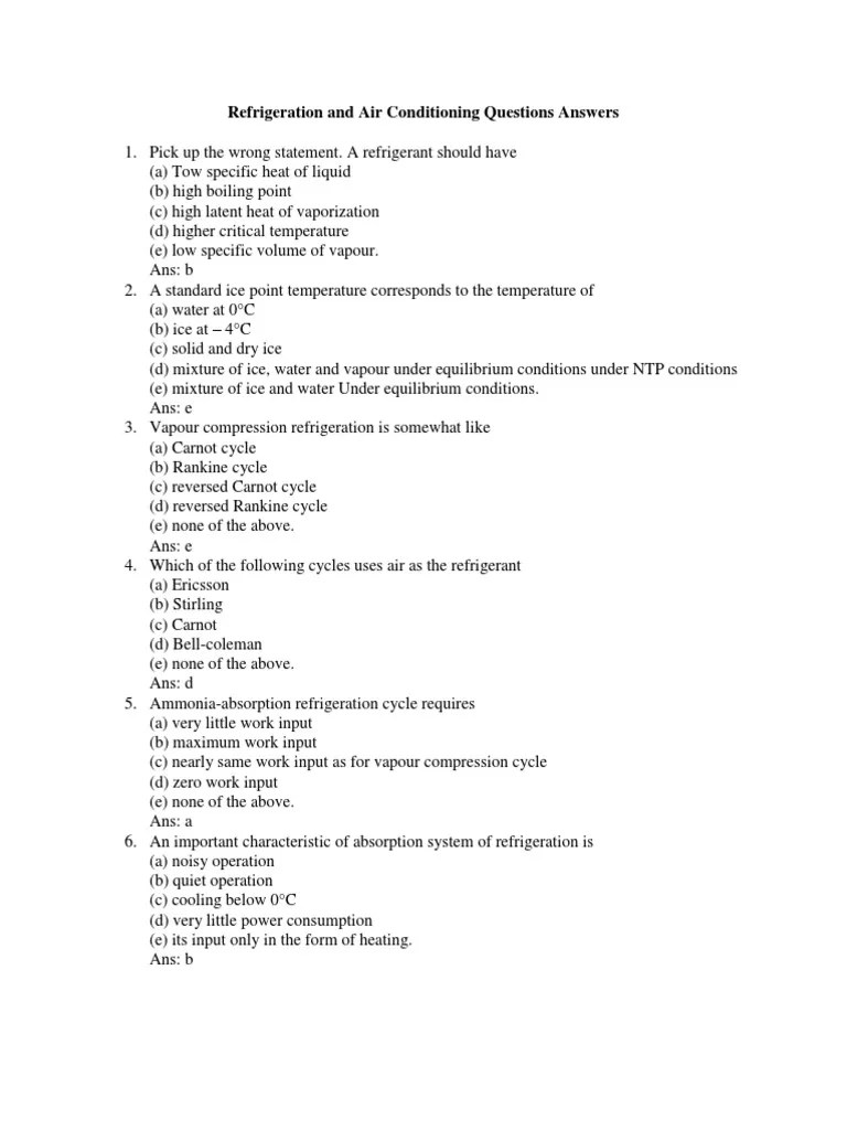 Refrigeration and Air Conditioning Questions Answers Refrigeration
