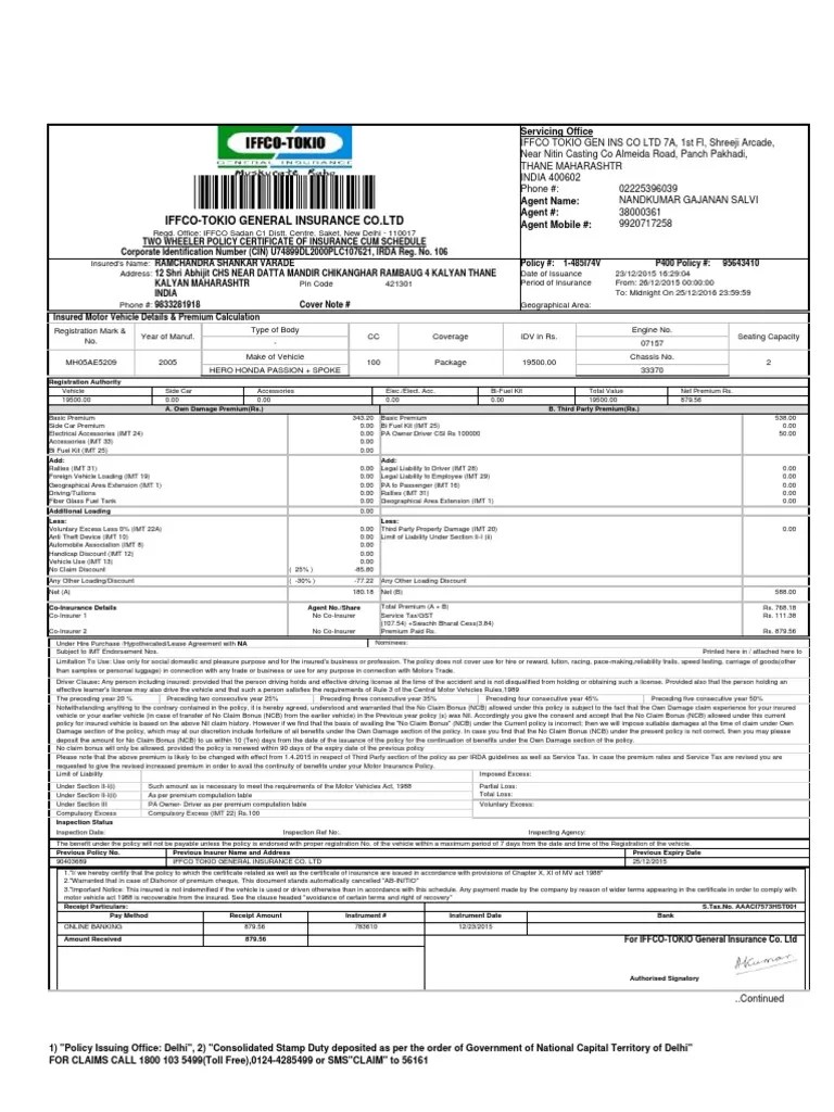 Duplicate Vehicle Insurance Policy Iffco Tokio Buy Motor Insurance in