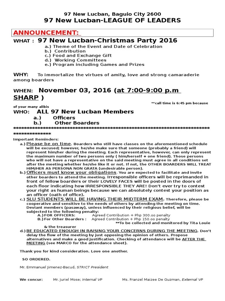 Sample Memo for Christmas Party