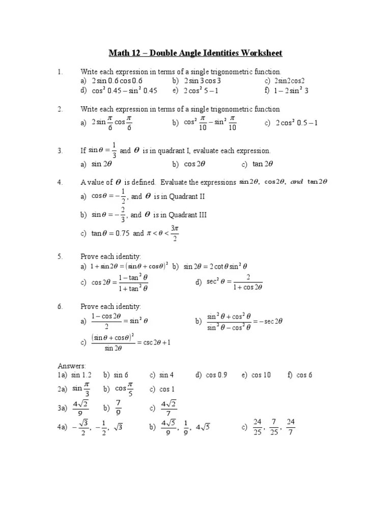 L3 Double Angle Identities Worksheet PDF