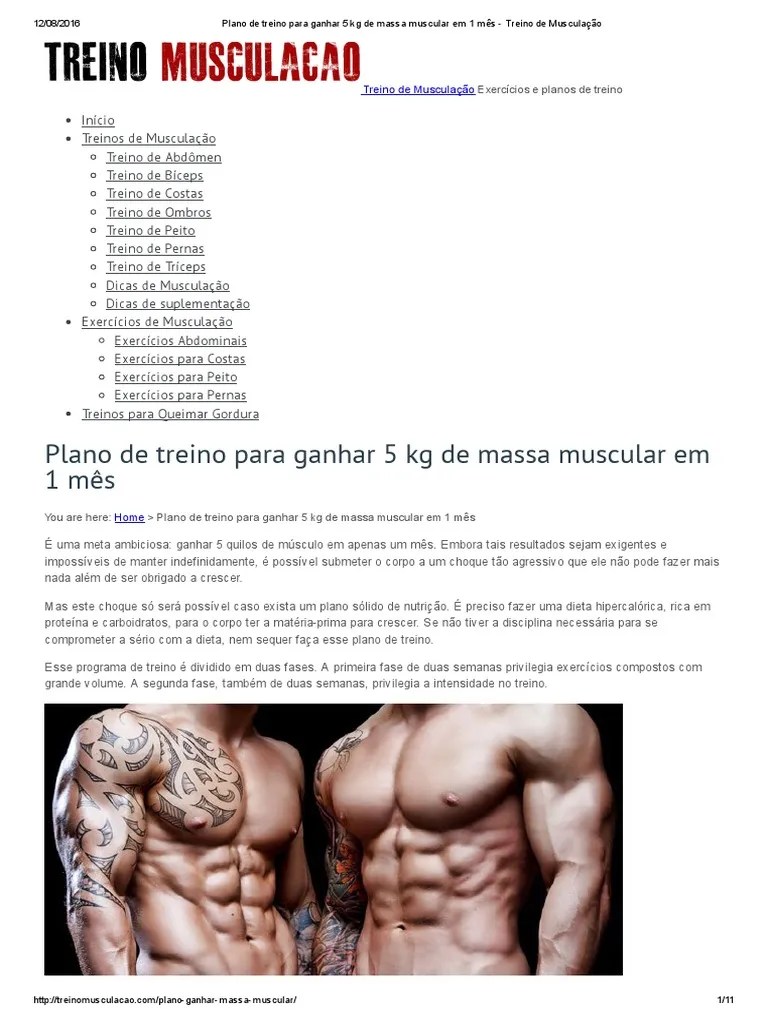 Plano de Treino Para Ganhar 5 Kg de Massa Muscular Em 1 Mês