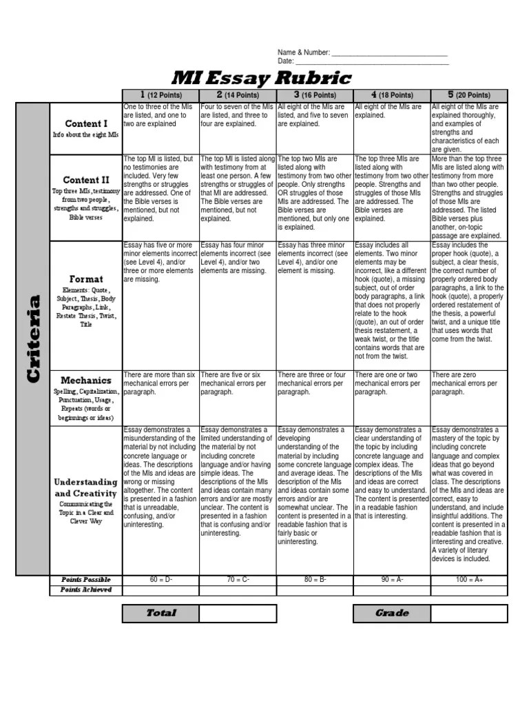 multiple intelligences rubric Paragraph Essays