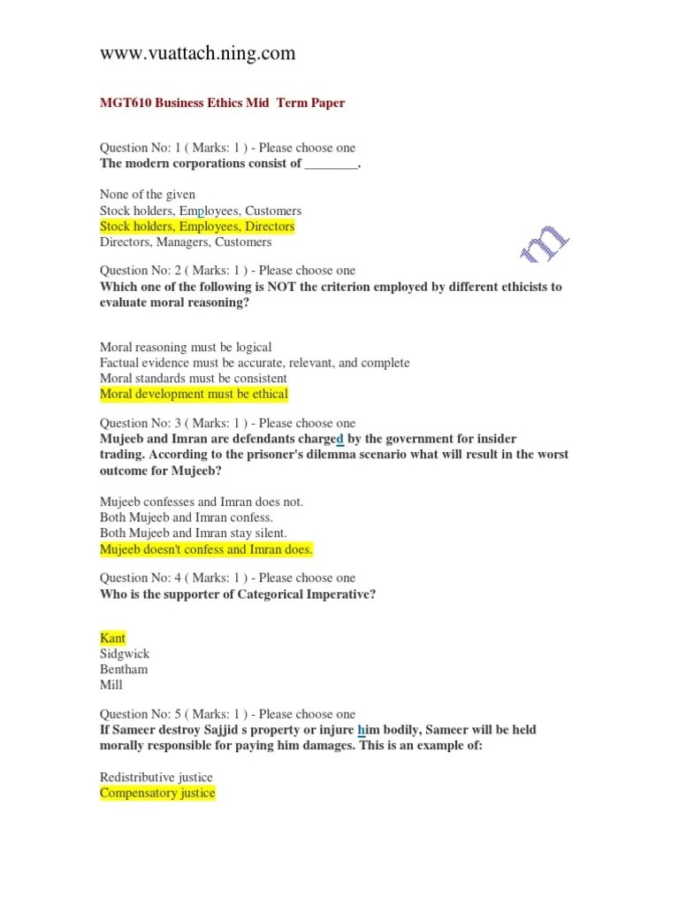 Business Ethics MGT610 Mcqs PDF Free Market Justice