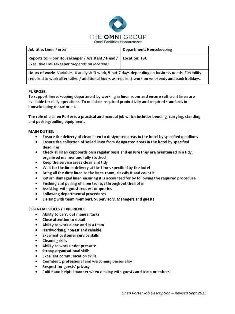 Job Description Linen Porter PDF