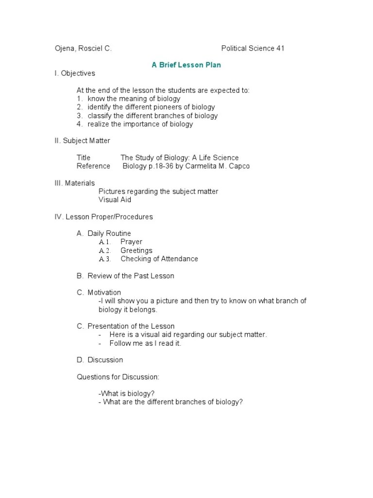 Sample of Brief Lesson Plan